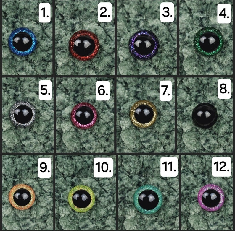 May include: Twelve different colours of plastic googly eyes with glitter. The eyes are arranged in a grid of four rows and three columns. Each eye has a black pupil and a silver ring around the pupil.