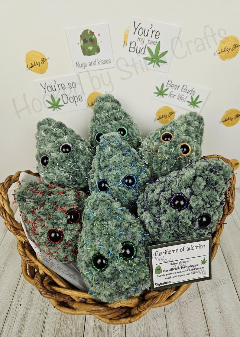 Crochet weed nugget plushies. Various eye color options and strains.