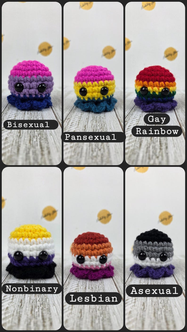 May include: Crocheted octopus plushies in various pride flag colors, including bisexual, pansexual, gay rainbow, nonbinary, lesbian, and asexual. Each plush has black button eyes and a ruffled base, with the flag's colors on the body.
