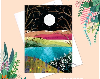 May include: A digital illustration of a night scene with a full moon, stars, and a lake. The lake is surrounded by hills with a variety of colors, including pink, green, and brown. The scene is framed by trees with bare branches.
