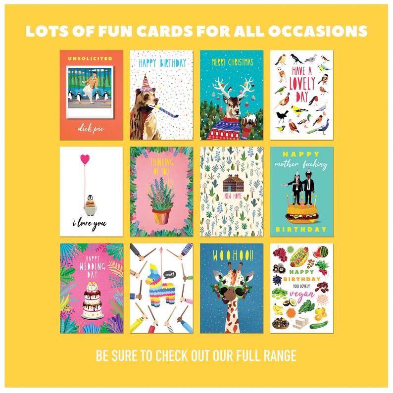 May include: A set of 10 greeting cards with colorful illustrations and humorous text. The cards feature a variety of themes, including birthdays, holidays, and general occasions. The cards are printed on high-quality cardstock and come with envelopes.