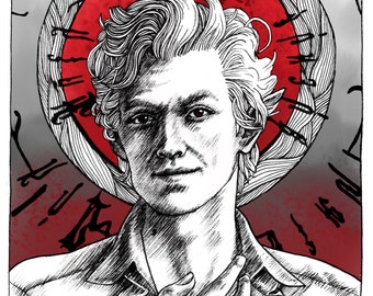 Puede incluir: Una ilustración en blanco y negro de un hombre con el pelo corto y ondulado. Lleva una camisa blanca con un cuello con volantes. El fondo es un círculo rojo con líneas negras y un fondo gris.