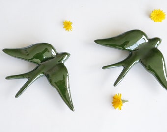 Set of 2 green swallows, small swallows, portuguese swallow, Ceramic Swallows, wall decoration, wedding decor, wedding favor Farmhouse decor