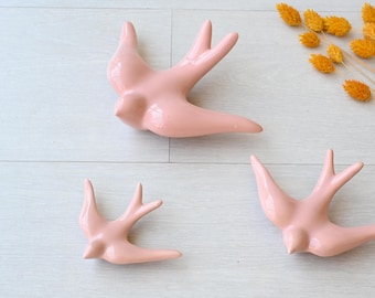 Pink ceramic swallows, wall hanging swallows, glazed swallows, ceramic wall art, ceramic bird, portuguese ceramic, wall decoration art