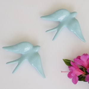 Set of 2 light blue small swallows, blue ceramic swallows, wall decoration, wedding decoration, birthday gift, kids room decoration