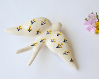 Hand painted swallow, flower swallow, ceramic swallow, wall decoration, ceramic wall art, bird ceramic, sister gift, Farmhouse decoration