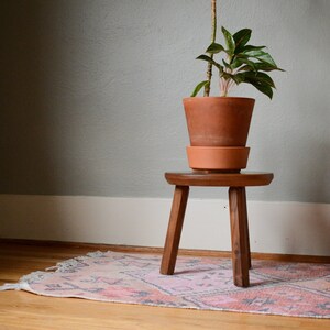 Minimalist Mid Century Modern Round Solid Walnut Wood Three-Legged Stool, Side Table, Wood Plant Stand