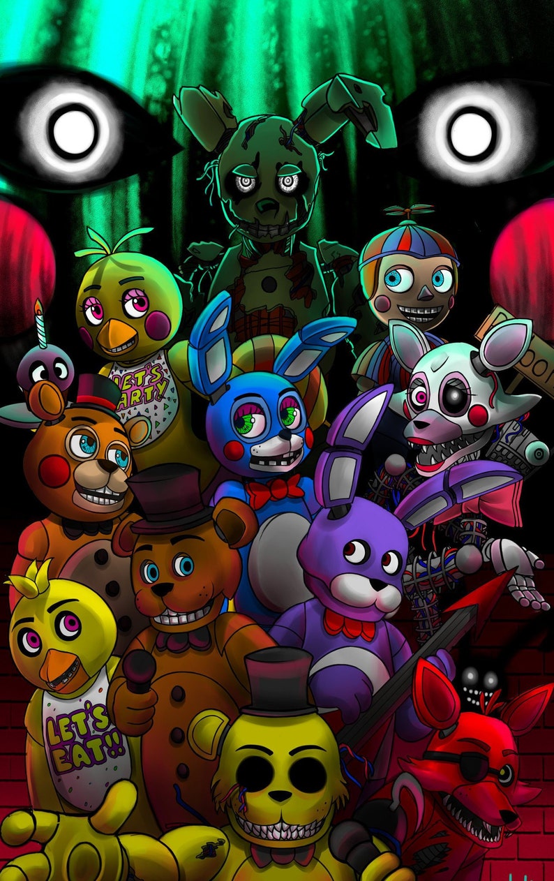 May include: A group of colourful cartoon characters with various expressions. The characters are from the popular video game franchise, Five Nights at Freddy's. The characters include Freddy Fazbear, Bonnie the Bunny, Chica the Chicken, Foxy the Pirate Fox, and more. The background is dark with a green glow.