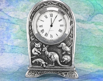 Kangaroo & Friends Australian Souvenir Pewter Clock, Australian Made Solid Pewter