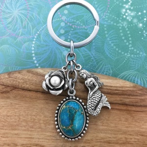 Mermaid Keychain with Blue Ocean Jasper Pendant & Rose Freshwater Pearl Charm, Sea and Ocean Keychain, Beautiful Keychains, Gift for Her