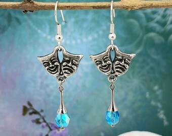 Comedy & Tragedy Drama Mask Earrings, Blue Crystals