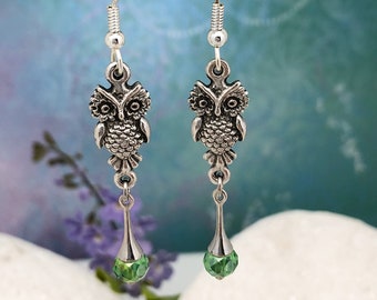 Owl Earrings with Green Crystal Drops, Australian Made Gift, Australian Seller, Australian Earrings, Australian Jewellery