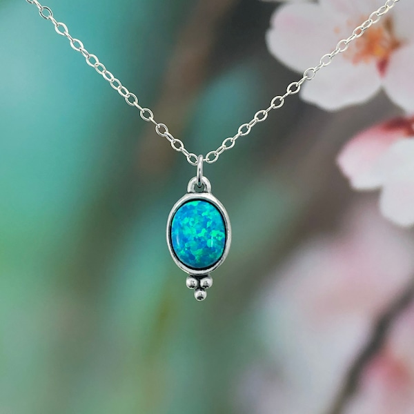 Blue Fire Opal Necklace: Pewter Pendant, Stainless Steel Chain