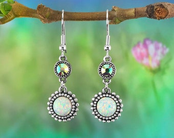 White Opal Earrings with Swarovski AB Crystal, Opal Jewellery, Australian Jewellery & Gifts, Australian Earrings, Gift for Her