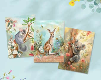 Aussie Animals 3 Card Set, Possum, Kangaroo and Koala Watercolour Greeting Card, Birthday Stationary