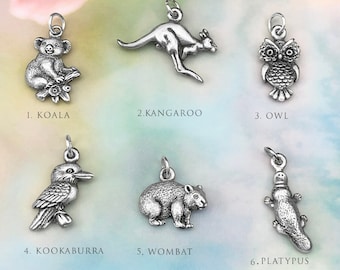 Australian Animal Charm Pendant, Kangaroo,Koala,Platypus, Kookaburra,Wombat, Owl, Solid Handmade Pewter