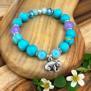 Bracelet wombat : charm magnésite turquoise, jade et étain