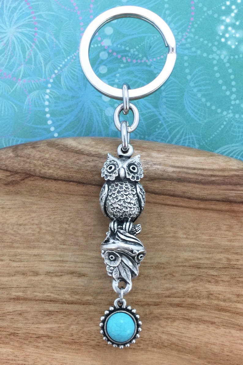 Australian Keyrings Owl Keyring with Turquoise Magnesite Charm Australian Made Pewter Gift Owl Jewellery
