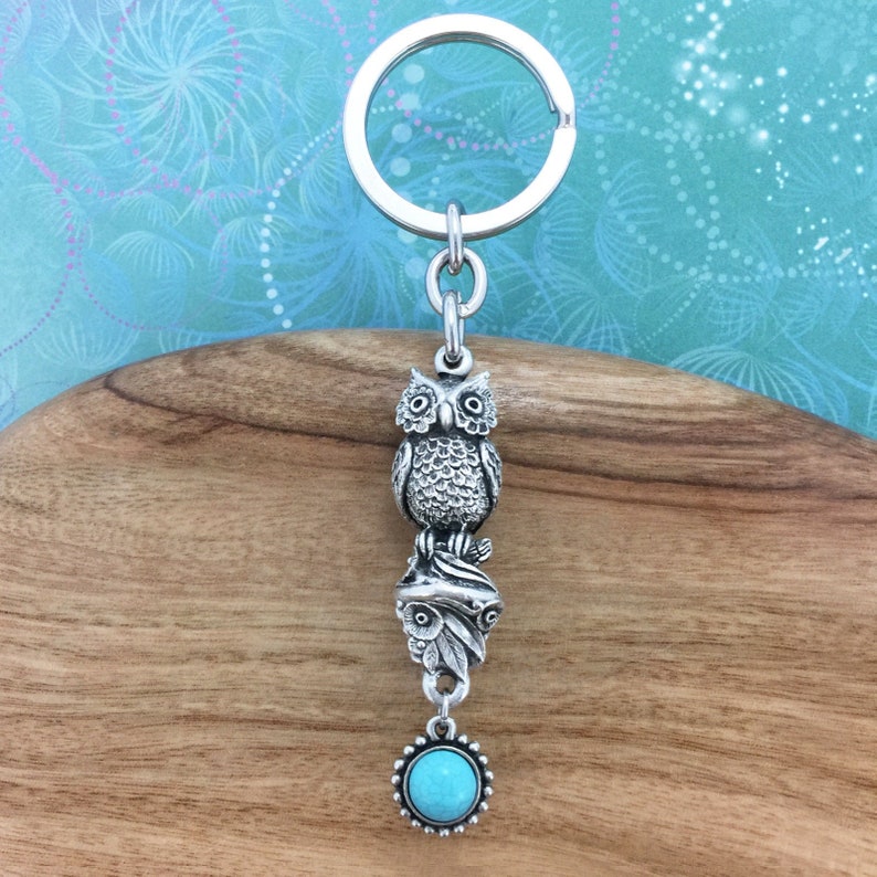 Australian Keyrings Owl Keyring with Turquoise Magnesite Charm Australian Made Pewter Gift Owl Jewellery