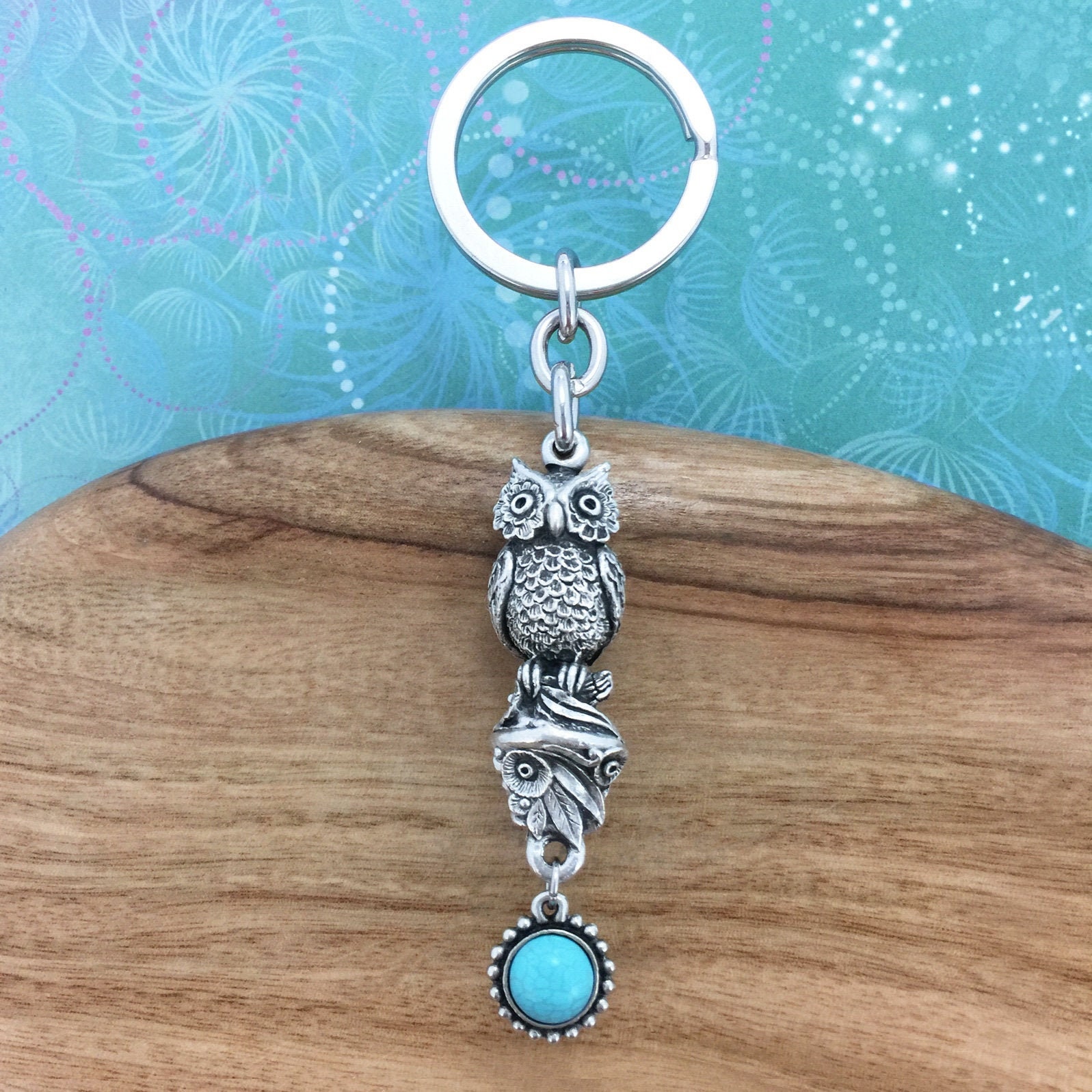 Owl Keyring with Turquoise Charm, Solid Pewter