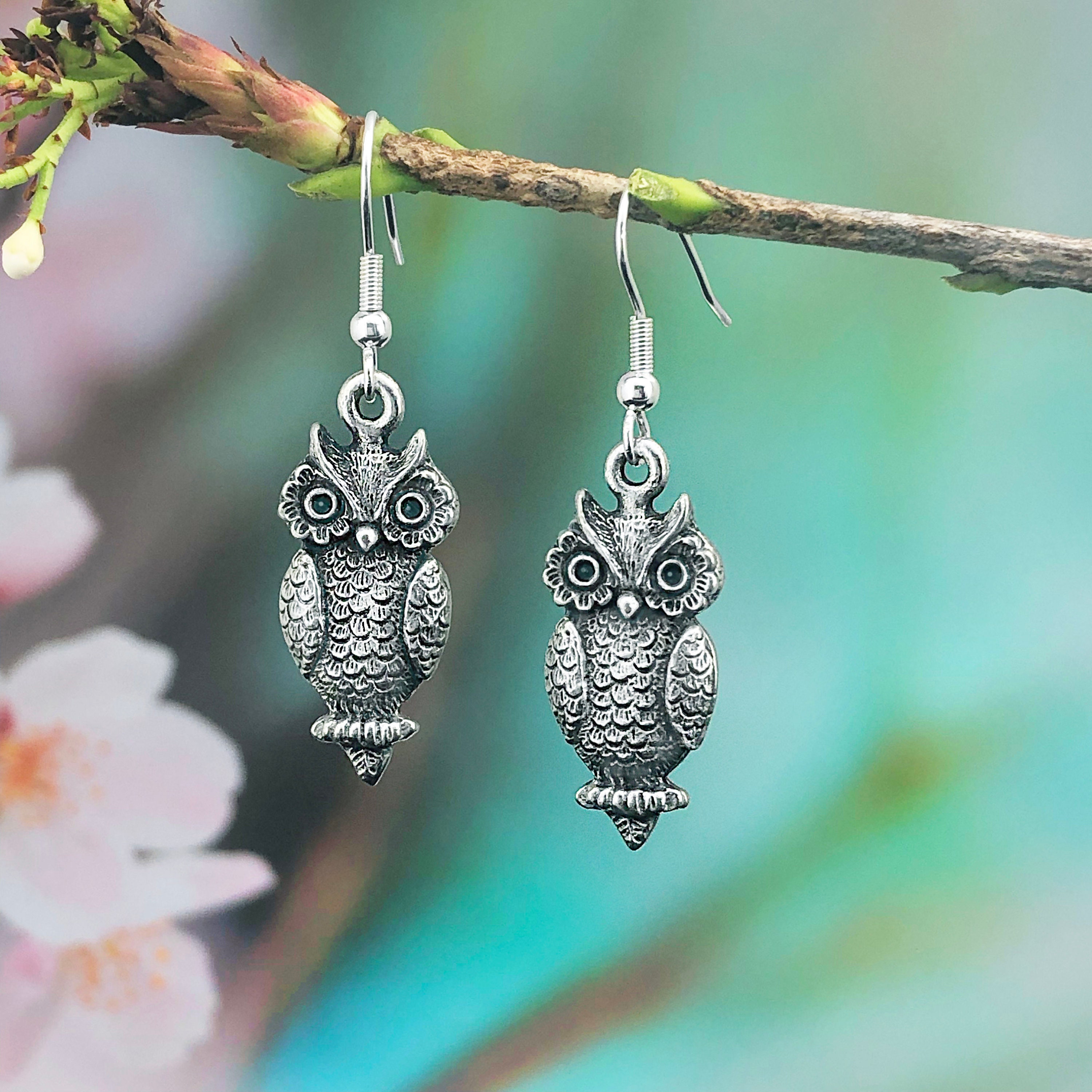 Owl Earrings, Owl Gifts, 3-D Shape, Handmade Solid Pewter & Stainless Steel
