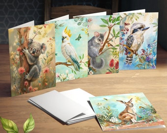 Aussie Animals & Birds 5 Card Set, Koala, Cockatoo, Possum,Kangaroo,Kookaburra, Watercolour Art Cards