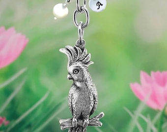 Cockatoo Keychain, Personalised Initial, Natural Gemstone (optional) Australian gift, Solid Handmade Pewter