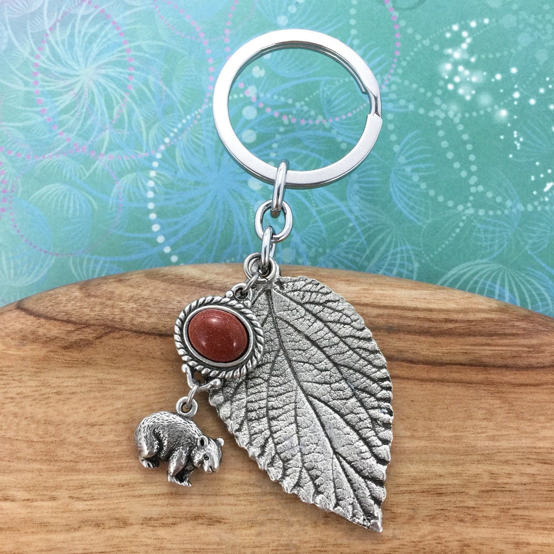 Wombat Key Rings Wombat Australian Souvenir Leaf Keyring & Gold Stone Charm, Australian ...
