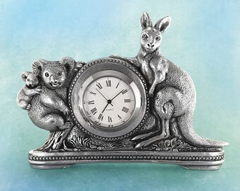 Kangaroo Koala Australian Souvenir Pewter Clock, Handmade Australian Gift