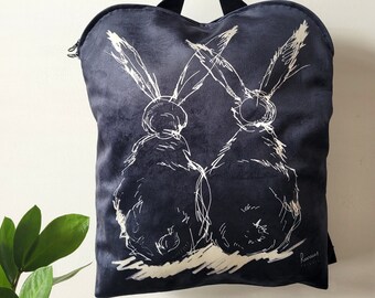 Rabbit Illustration Backpack: Velour or Canvas Travel Laptop Bag