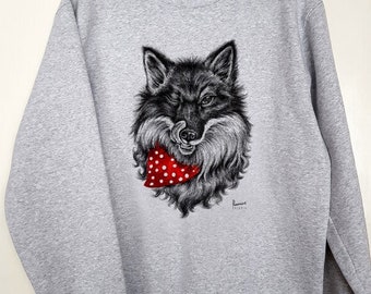 Sudadera de zorro: ilustración pintada a mano, bufanda roja, corte unisex