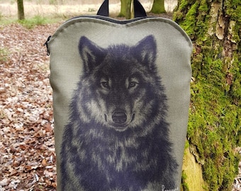 Wolf Backpack, Gift For Wolf Lover, Khaki Travel Rucksack, Gift Backpack, Gift for Him, Handmade, Lightweight Backpack, Animal Lover Gift