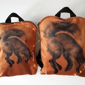 Fox backpack, velour, laptop backpack, travel backpack, casual, jumping fox, unique backpack, fox on backpack, gift, birthday gift for her