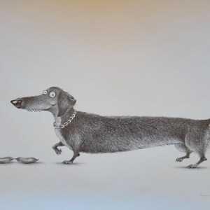 May include: A black and white pencil drawing of a dachshund with a gold chain collar, looking to the left, with three sausages in the foreground.