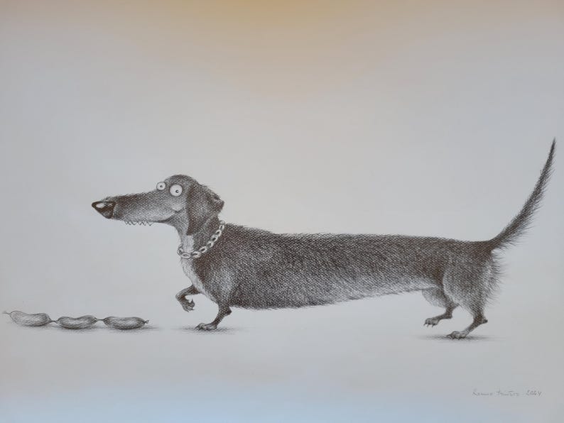 May include: A black and white pencil drawing of a dachshund with a gold chain collar, looking to the left, with three sausages in the foreground.
