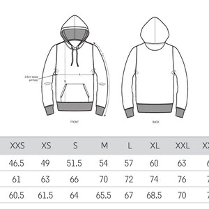 Puede incluir: Tabla de tallas para una sudadera con capucha con medidas en cent&iacute;metros para la mitad del pecho, la longitud del cuerpo y la longitud de la manga. Las tallas van de la XXS a la XXXXXL.