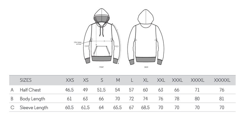 Puede incluir: Tabla de tallas para una sudadera con capucha con medidas en cent&iacute;metros para la mitad del pecho, la longitud del cuerpo y la longitud de la manga. Las tallas van de la XXS a la XXXXXL.