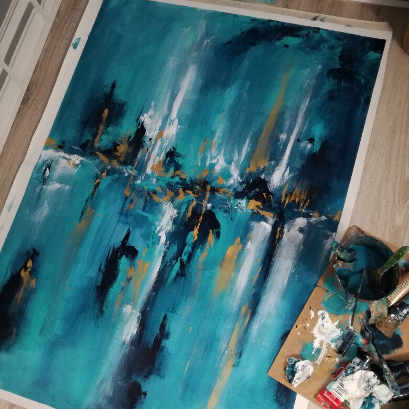 Blue Teal & Gold Extra Large Wall Art / Textured Palette Etsy