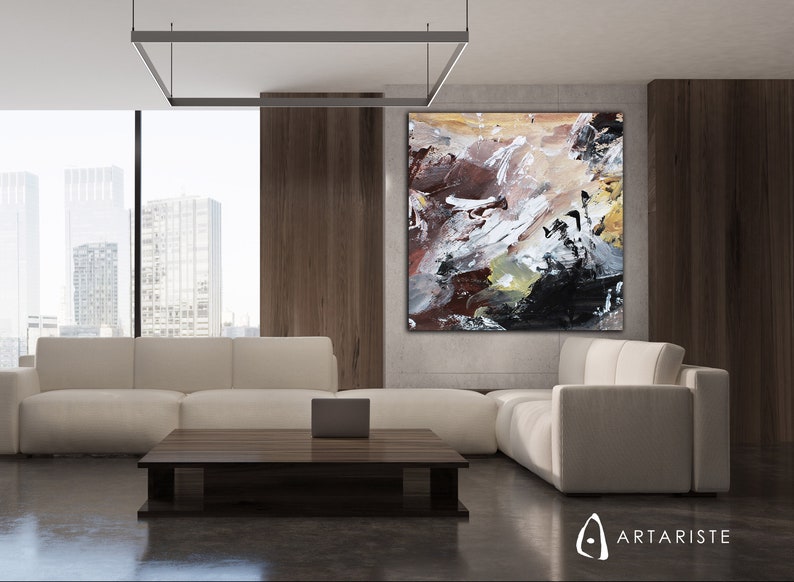 Extra Large Wall Art Oversized Abstract Square Colors Brown Beige White Black