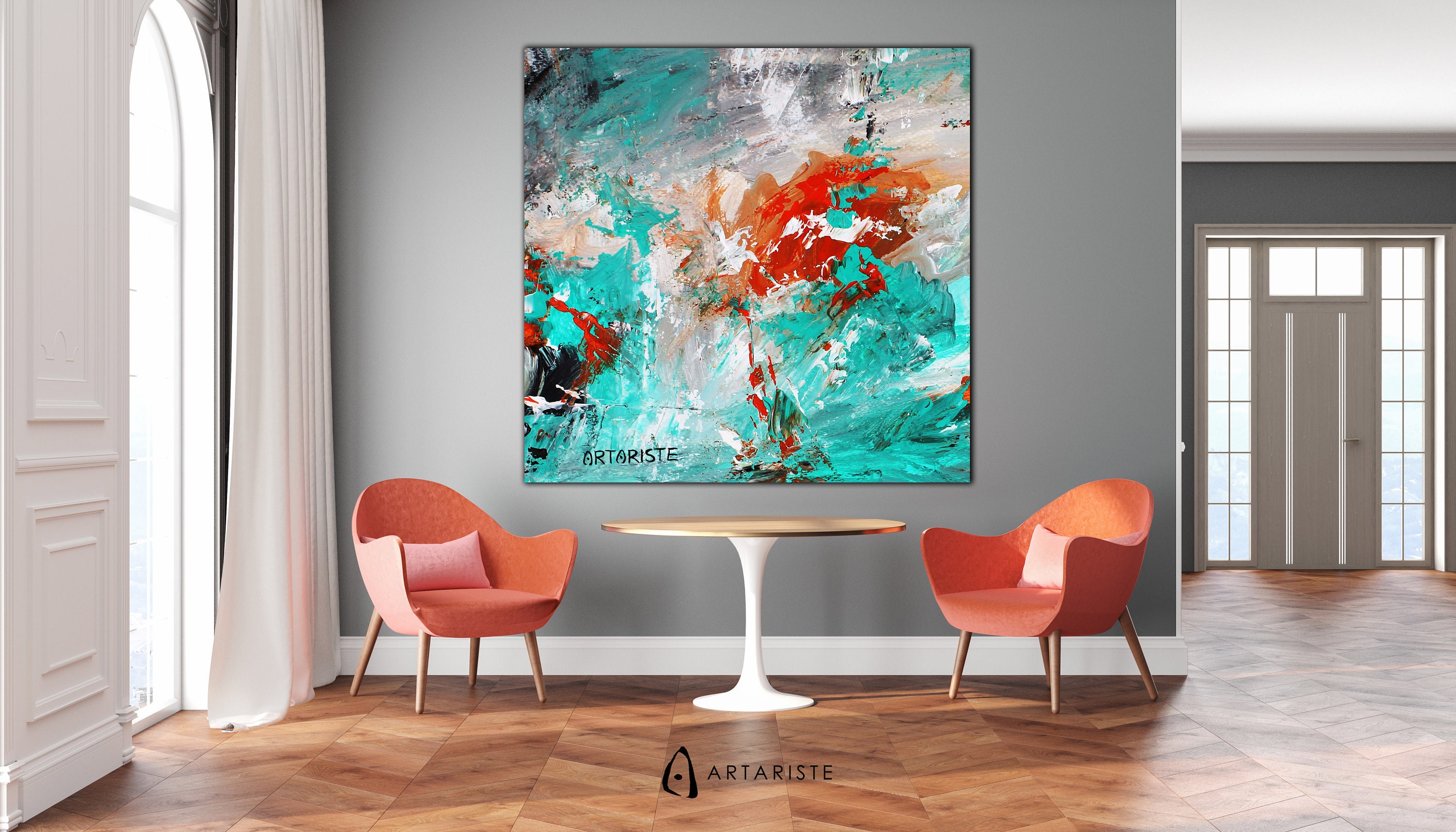Abstract extra large wall art / orange & turquosie green Etsy