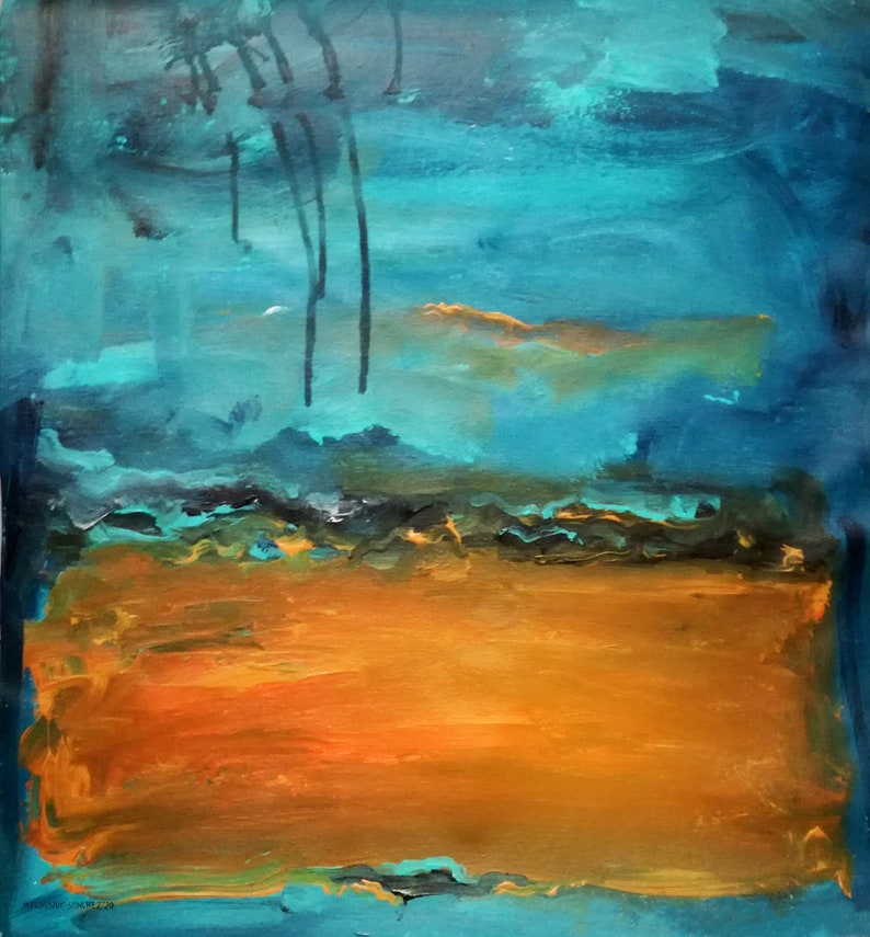 Blue orange extra large wall art / abstract landscape / Etsy