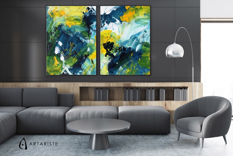 Extra Large Wall Art Oversized Green And Blue Set Of 3 Paintings Piece 2 Ready To Hang