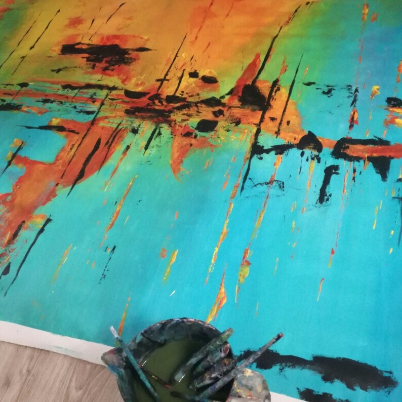 Large blue & orange seascape painting / extra large wall art / Etsy