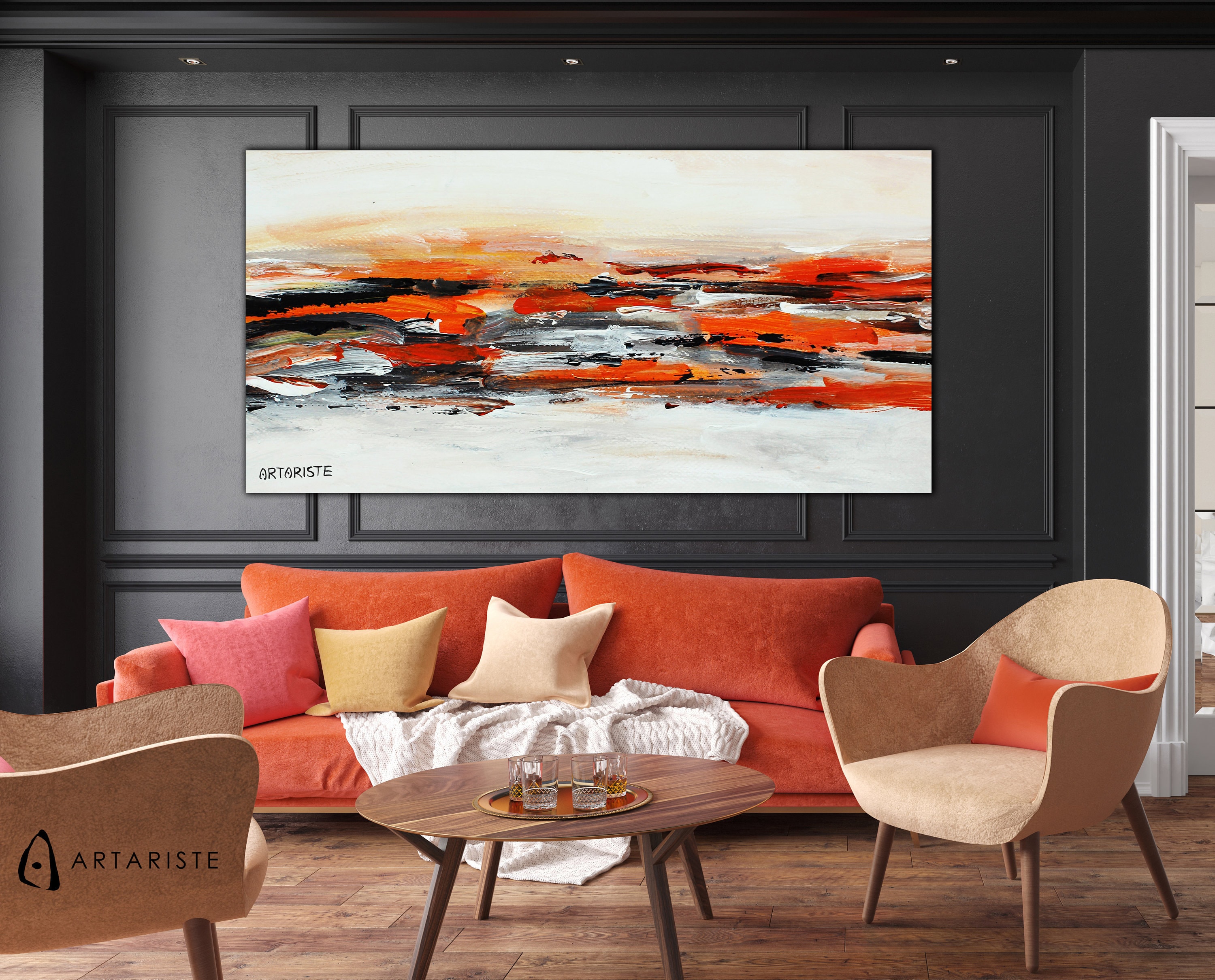 White & orange extra large wall art / abstract wall art / made Etsy