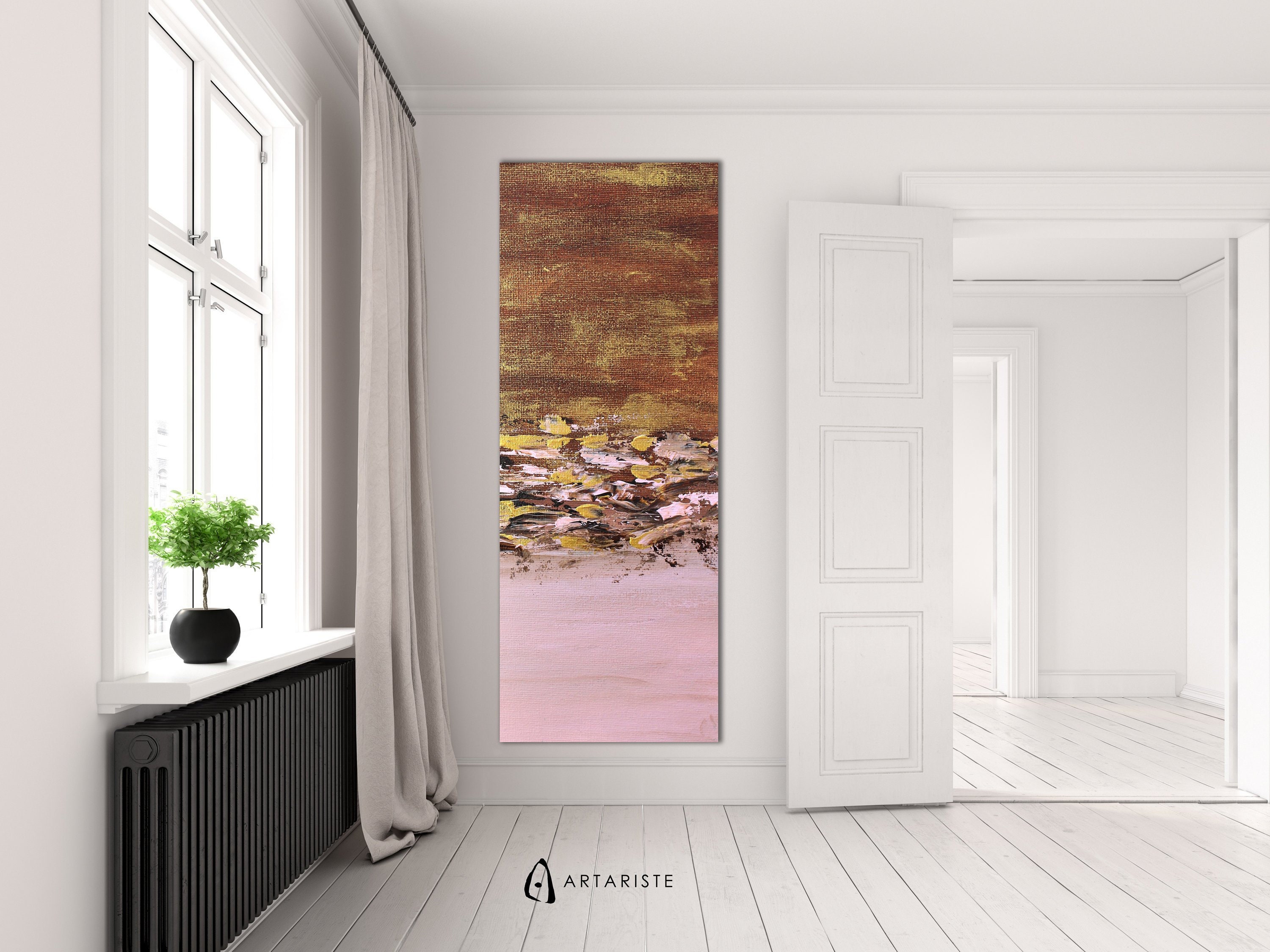 Narrow wall art pink gold abstract vertical wall art abstract pink gold extra large wall art vertical painting oversized wall art