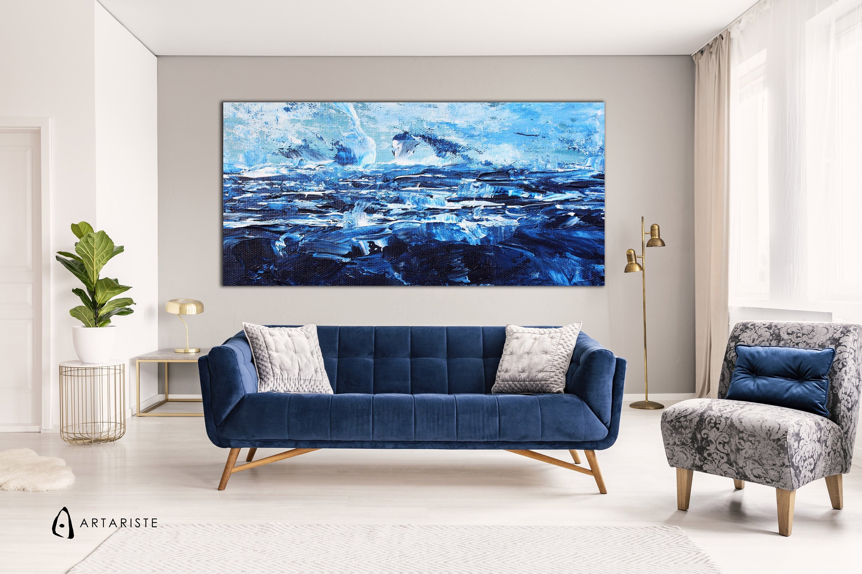 Navy blue wall art. Extra large wall art. Navy blue and white Etsy