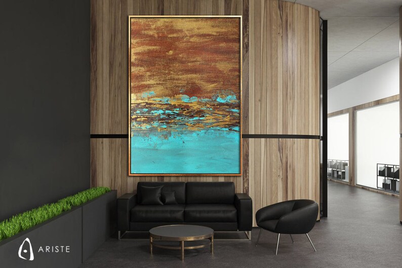 Turquoise Blue & Gold Oversized Wall Art / Textured Minimalist Etsy