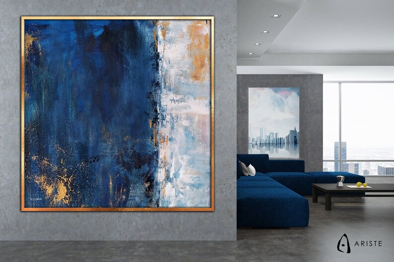 Sapphire Blue & Gold Abstract Painting Textured Canvas Wall Etsy