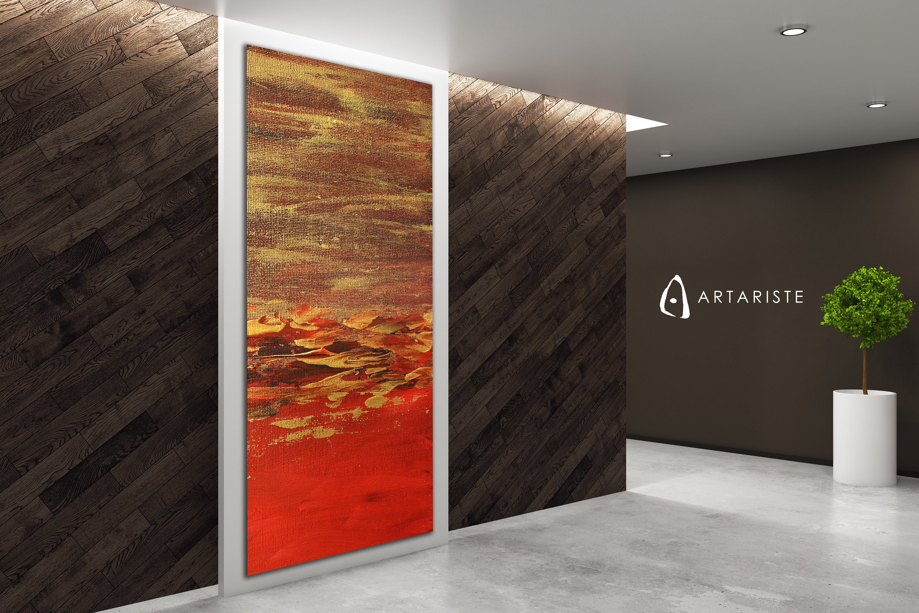 Narrow wall art abstract red gold vertical wall art extra large wall art red and gold abstract vertical painting oversized wall art