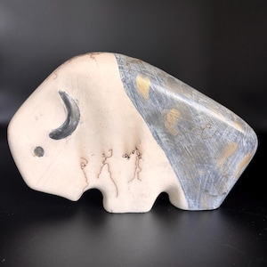 Primitive Native American Pottery Horse Hair Buffalo Bull Sculpture Signed CR